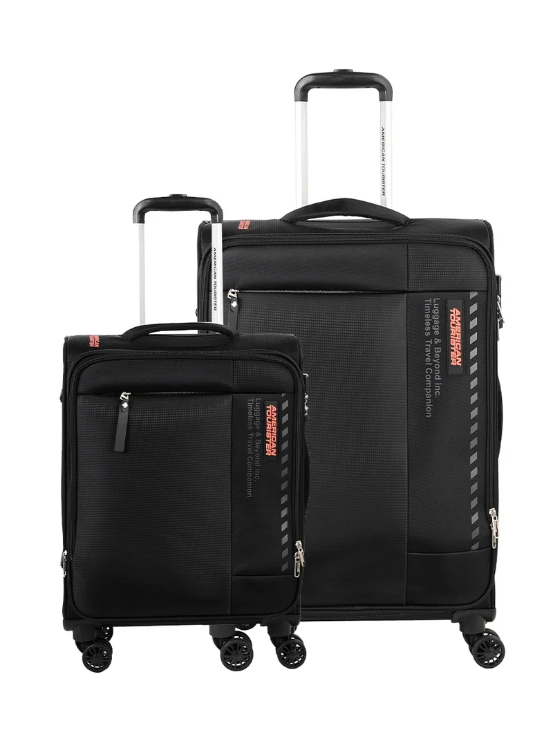 American Tourister Marina Suitcase, 2pc Set (57 + 70 cm), 4 Spinner Wheels, Soft Top, 100% Polyester, Black|Inner Mesh Zippered Pocket|Expandable|TSA Lock|Voluminous Front Pocket - 3 Years International Warranty